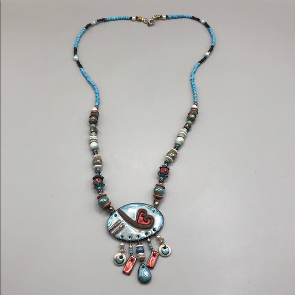 Vintage artisan handmade ceramic heart beaded necklace romantic whimsy boho. - Picture 3 of 8